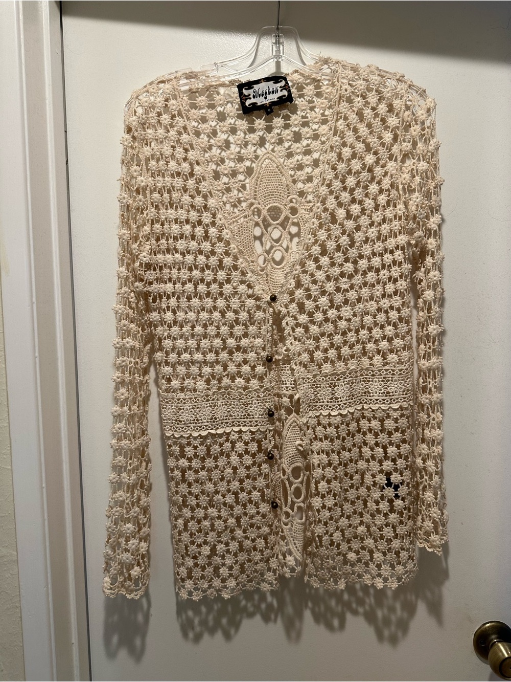 Meghan LA Cream Crochet Open-Knit Button Cardigan